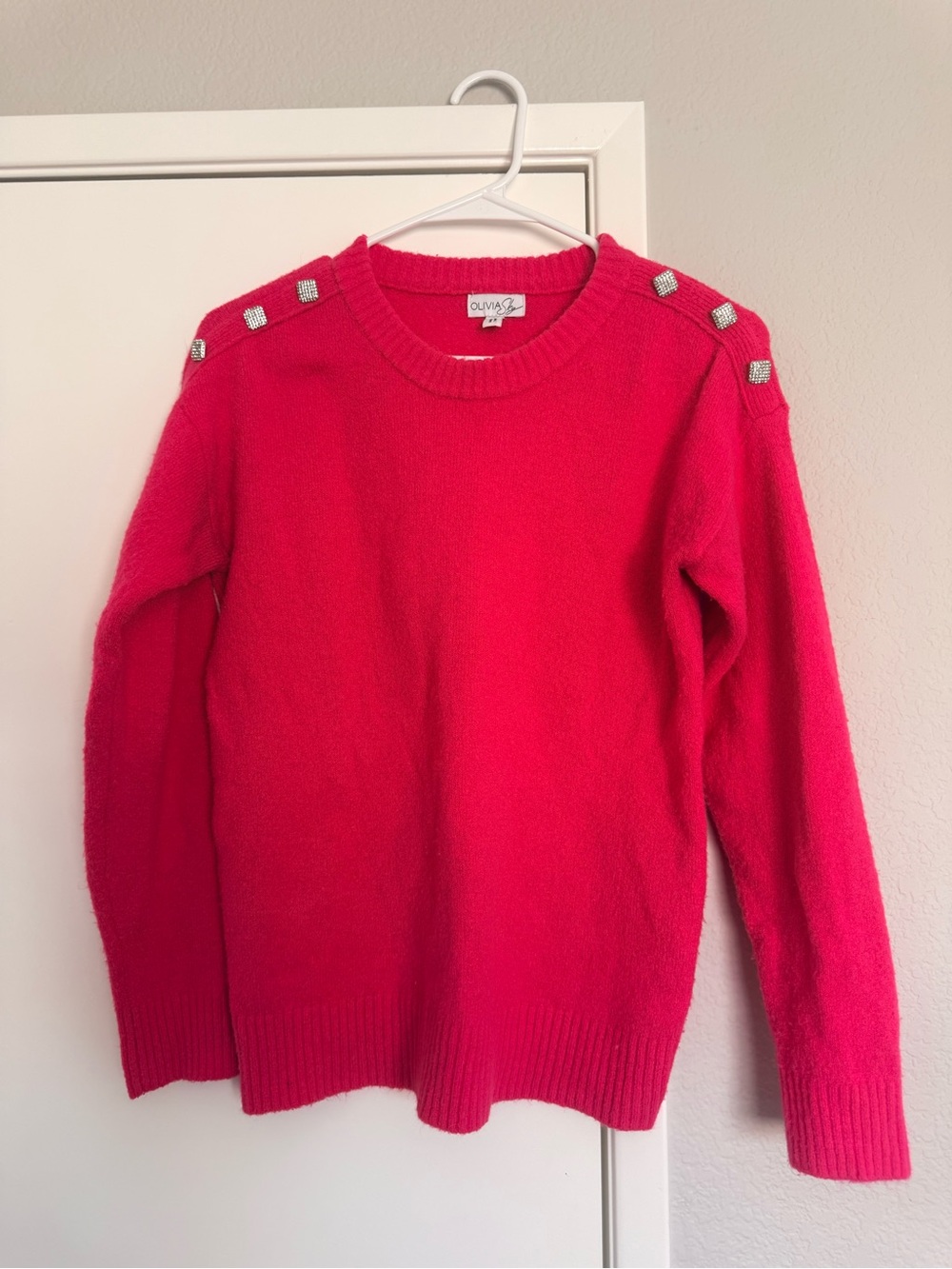 Olivia Sky Hot Pink Crewneck Sweater with Shoulder Studs